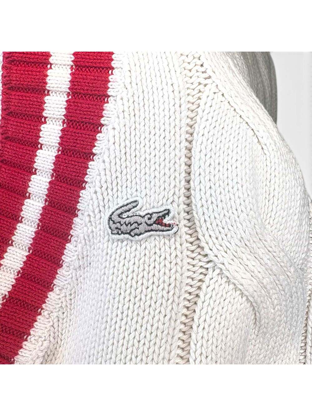 Vintage Lacoste Made in France White Cable Knit Tennis V-Neck Sweater Size 38 - Picture 4 of 4